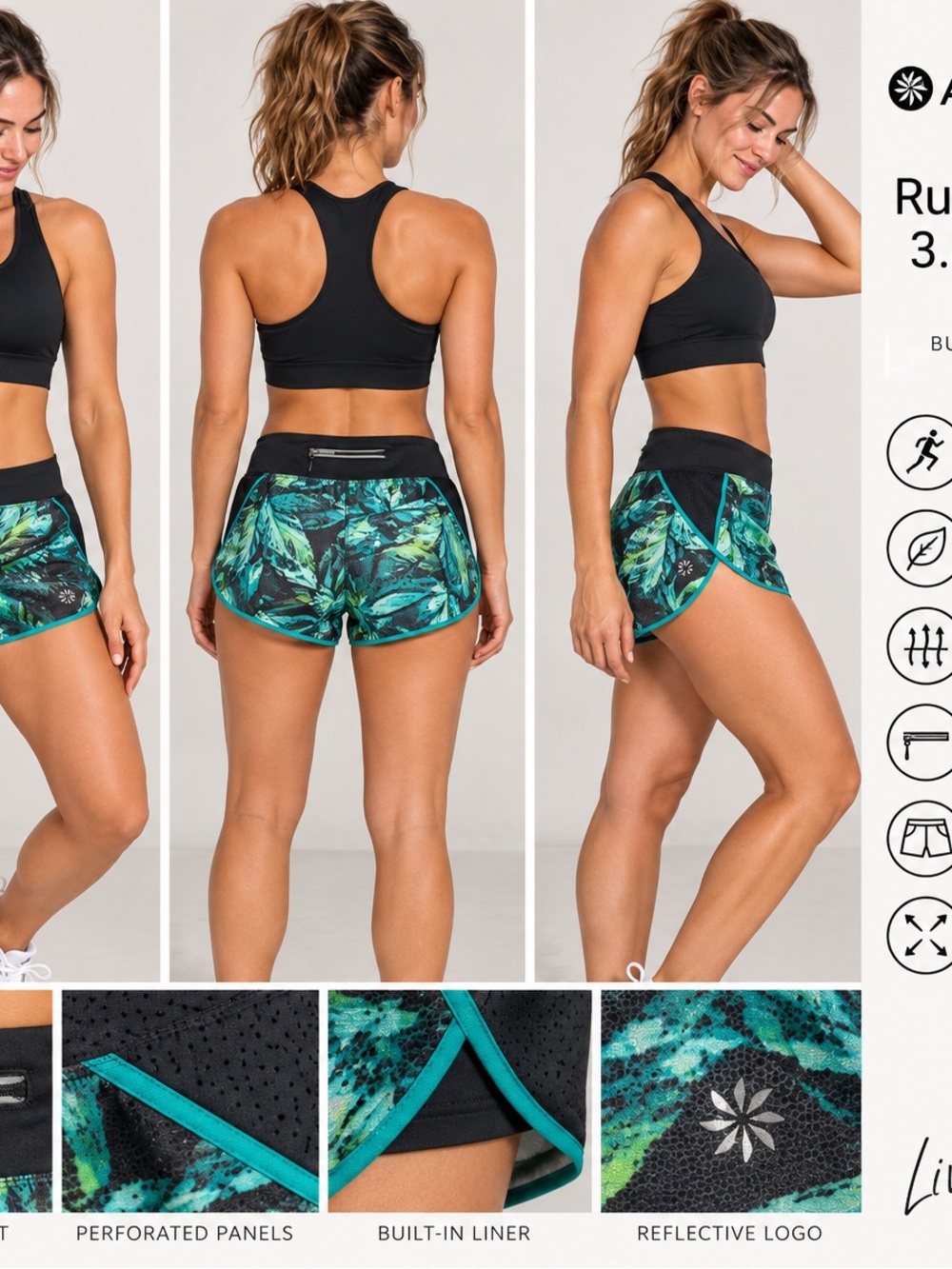 Athleta Black & Teal Tropical-Print Running Shorts with Liner 3.5”